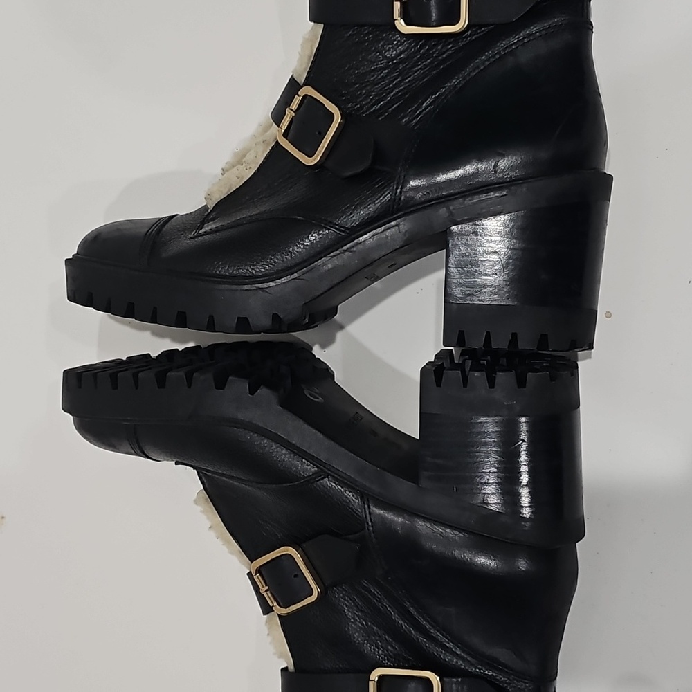 Nine West Black Leather combat Ankle  boots with Faux Shearling Size 10.5 - Picture 5 of 14
